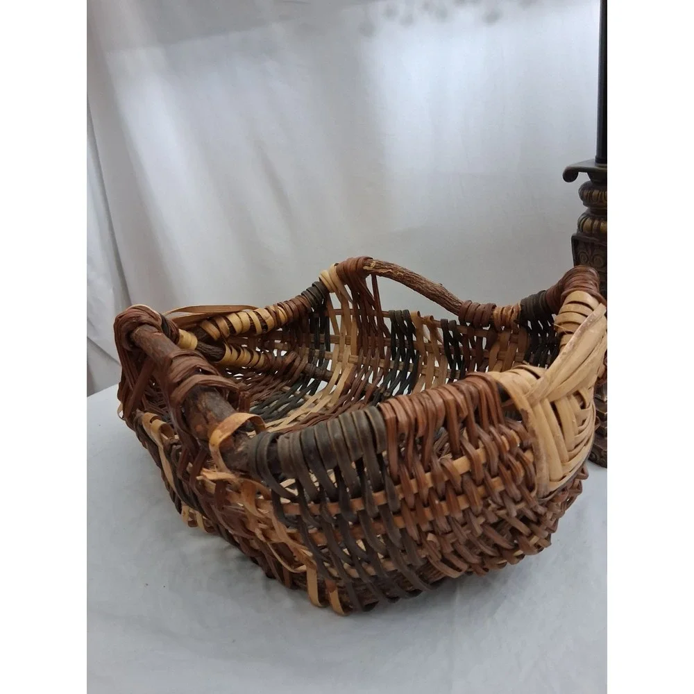 Rustic Hand Woven Gathering Basket‎ Natural Branch Handles Multi Tonal Brown Tan